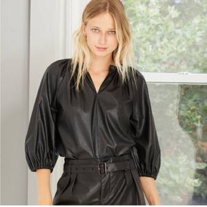 Who What Wear Black Faux Leather Balloon Sleeve Top Size Small | NWOT
